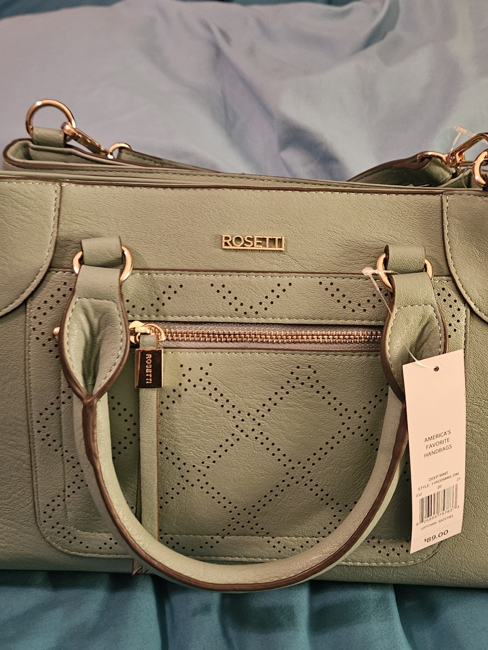 Rosetti Mint Green Perforated Satchel with Gold Hardware